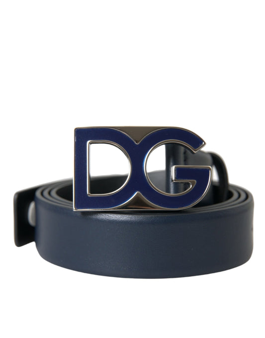 Blue Leather Metal Logo Buckle Belt Men