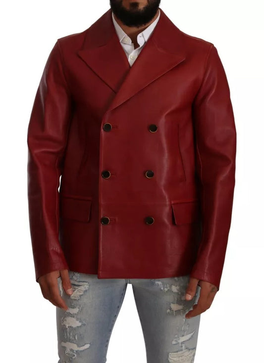 Red Double Breasted Leather Coat Jacket